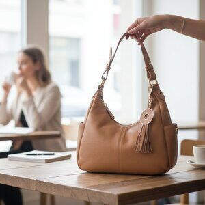 Isaac Mizrahi Brown Pebbled Leather Shoulder Bag w/ Tassel & Storage Bag